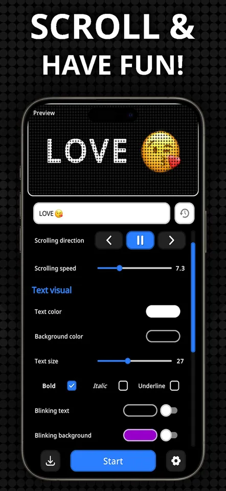 LED Scroller — the editor with colour, speed and blink controls, GIF export, and finished banners reading LOVE, SOS, COOL and HAPPY
